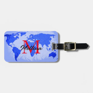 World Map Blue Monograms Traveller Name 2023 Luggage Tag