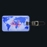 World Map Blue Pink Monograms Traveller Name Gift Luggage Tag<br><div class="desc">Monogrammed initial and also personal details like name,  address,  phone number and email all of which you can edit in grey world map background. Designed with simple,  elegant and trendy colours!</div>
