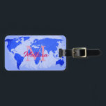 World Map Blue Pink Monograms Traveller Name Gift Luggage Tag<br><div class="desc">Monogrammed initial and also personal details like name,  address,  phone number and email all of which you can edit in grey world map background. Designed with simple,  elegant and trendy colours!</div>