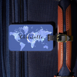 World Map Blue travel Custom Monogram Name Luggage Tag