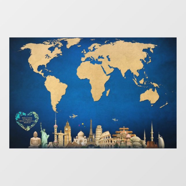 World Map Blue Wall Art with quote (Sheet)
