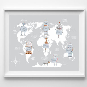 World Map Boys Print, Robot Art Kids Room Poster
