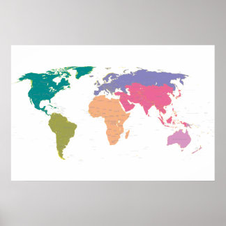 World map coloured by continents poster