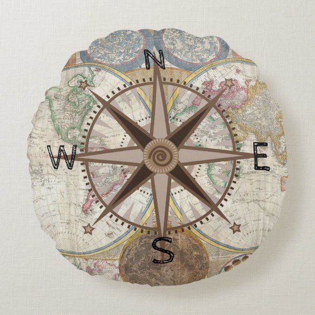 World Map Compass Rose Round Cushion (Front)