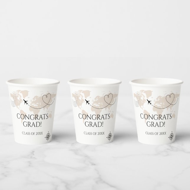 World map congrats grad wanderlust class of paper cups (Multi)