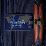 World Map Dark-Blue Traveller Monogram Luggage Tag<br><div class="desc">A nice design to identify your belongings when travelling around the world. Graphic map of the World over a deep-blue background with your name and initial (custom blue M letter) at front side...  here we go again...  for new travel adventures</div>
