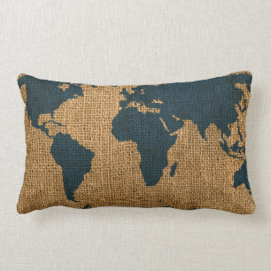 World Map Deep Sea Blue Lumbar Cushion