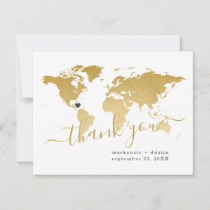 World Map Destination Wedding Personalised Gold Thank You Card