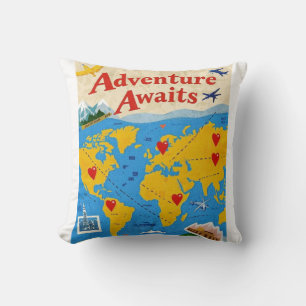 World map dotted with heart pins and landmarks cushion