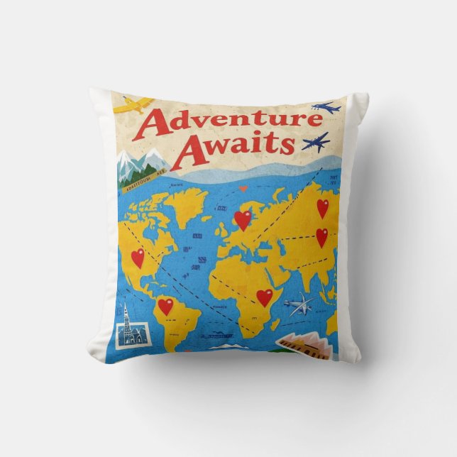 World map dotted with heart pins and landmarks cushion (Front)