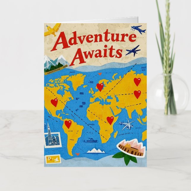 World map dotted with heart pins and landmarks foil greeting card (Front)