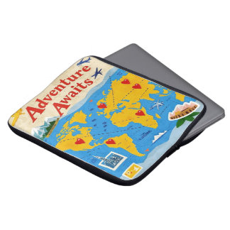 World map dotted with heart pins and landmarks laptop sleeve