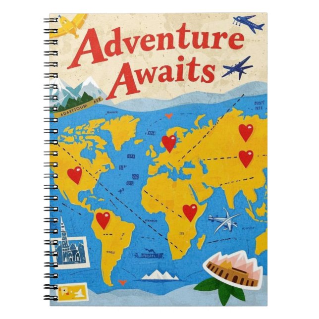 World map dotted with heart pins and landmarks notebook (Front)