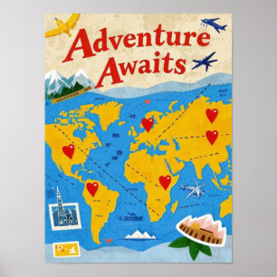 World map dotted with heart pins and landmarks poster