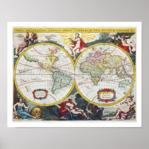 World Map, early 18th century (coloured engraving) Poster