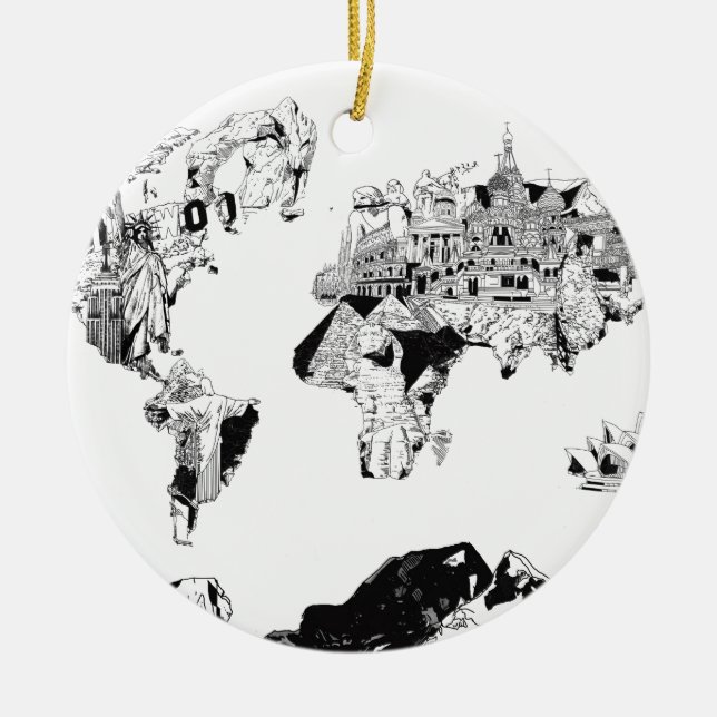 world map galaxy black and white 3 ceramic tree decoration (Front)