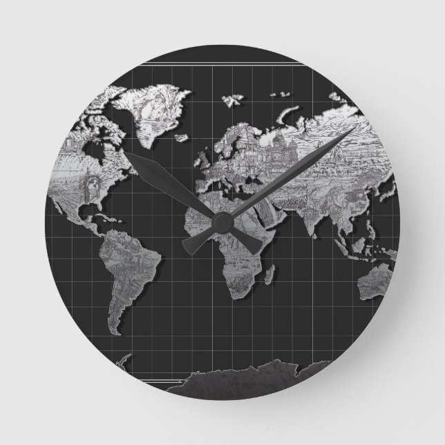 world map galaxy black and white 4 round clock (Front)