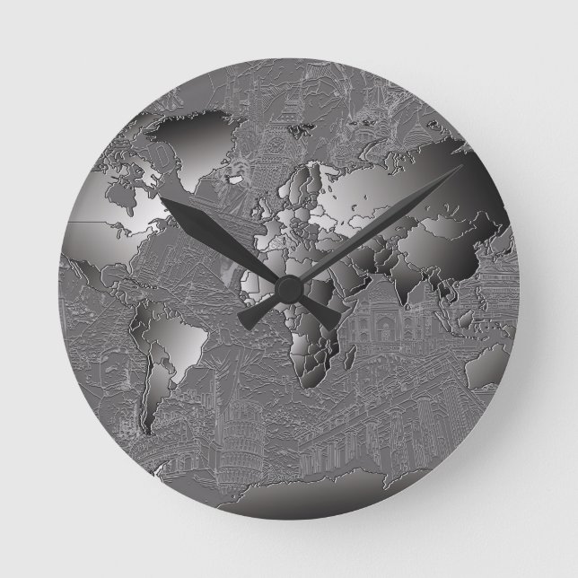 world map galaxy black and white 5 round clock (Front)