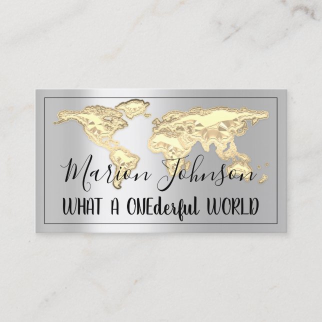 World Map Globe Map Travel Agency Silver Gold Business Card (Front)