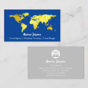 World Map Globe Map Travelling Logo Blue Gold  Business Card