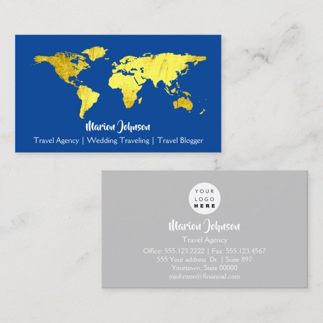 World Map Globe Map Travelling Logo Blue Gold  Business Card (Front/Back)