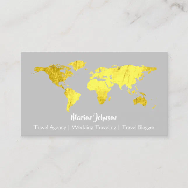 World Map Globe Map Travelling Logo Grey Gold Business Card | Zazzle