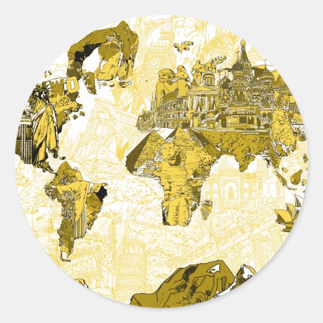 world map gold classic round sticker (Front)