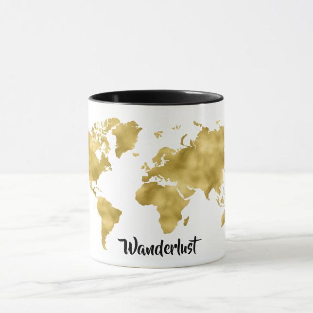 World Map Gold Foil Wanderlust Traveller Blogger Mug (Center)
