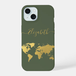 World map gold travelers monogrammed green iPhone 15 case