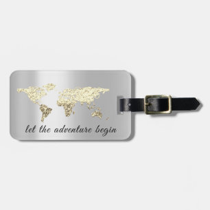 World Map Grey Address Let Adventure Begin Gold Luggage Tag