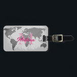 World Map Grey Pink Monograms Traveller Name Gift Luggage Tag<br><div class="desc">Monogrammed initial and also personal details like name,  address,  phone number and email all of which you can edit in grey world map background. Designed with simple,  elegant and trendy colours!</div>