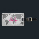 World Map Grey Pink Monograms Traveller Name Gift Luggage Tag<br><div class="desc">Monogrammed initial and also personal details like name,  address,  phone number and email all of which you can edit in grey world map background. Designed with simple,  elegant and trendy colours!</div>