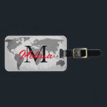World Map Grey Red Monograms Traveller Custom Name Luggage Tag<br><div class="desc">Monogrammed initial and also personal details like name,  address,  phone number and email all of which you can edit in grey world map background. Designed with simple,  elegant and trendy colours!</div>