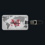 World Map Grey Red Monograms Traveller Name Gift Luggage Tag<br><div class="desc">Monogrammed initial and also personal details like name,  address,  phone number and email all of which you can edit in grey world map background. Designed with simple,  elegant and trendy colours!</div>