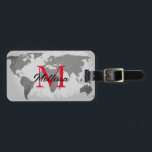 World Map Grey Red Monograms Traveller Name Gift Luggage Tag<br><div class="desc">Monogrammed initial and also personal details like name,  address,  phone number and email all of which you can edit in grey world map background. Designed with simple,  elegant and trendy colours!</div>