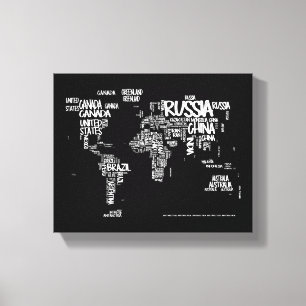 World Map Handwritten Typography, Black and White Canvas Print