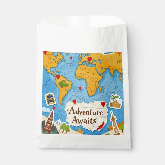 World Map Heart Pins Adventure Awaits  Favour Bag (Front)