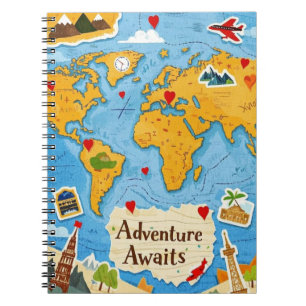 World Map Heart Pins Adventure Awaits Notebook