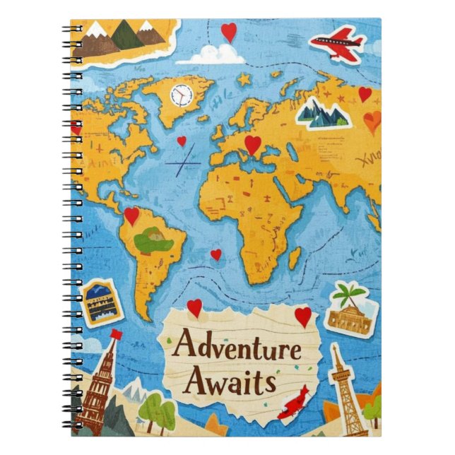 World Map Heart Pins Adventure Awaits  Notebook (Front)