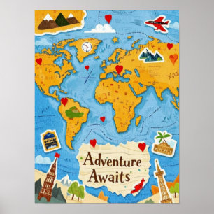 World Map Heart Pins Adventure Awaits  Poster