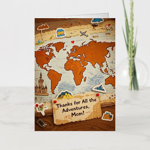 World map heart pins and landmarks foil greeting card