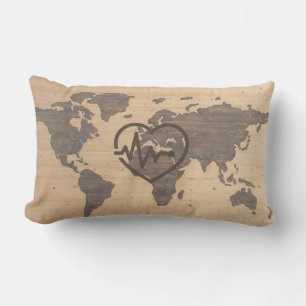World Map Heartbeat woodgrain Lumbar Cushion