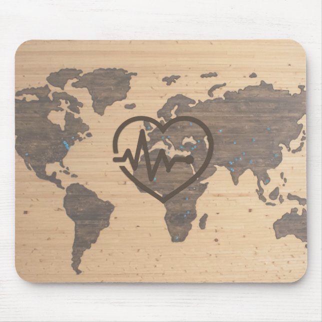 World Map Heartbeat woodgrain Mouse Pad (Front)