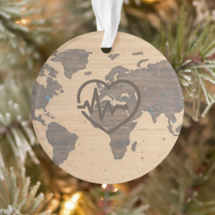 World Map Heartbeat woodgrain Ornament