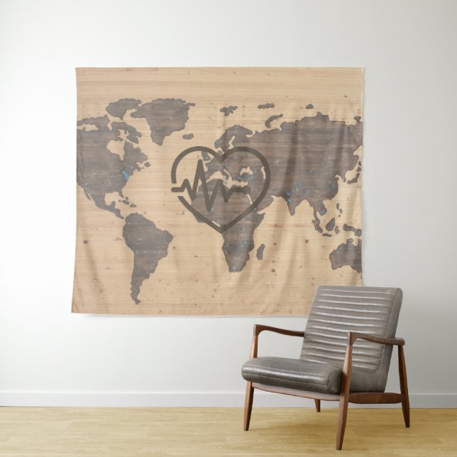 World Map Heartbeat woodgrain Tapestry (In Situ (Horizontal))