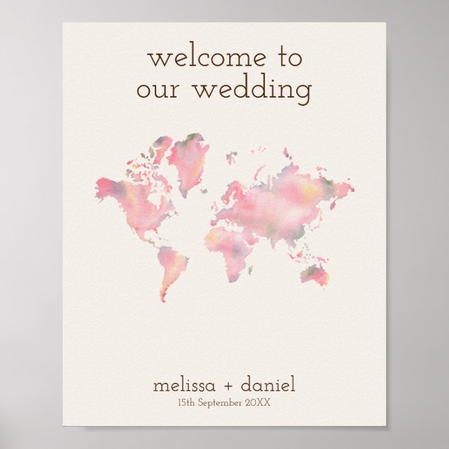 World Map in Pink Shades for Destination Wedding Poster (Front)