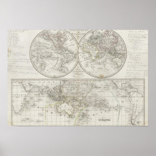 World Map in Two Hemispheres Poster