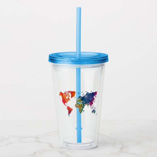 World map in watercolor acrylic tumbler (Front)