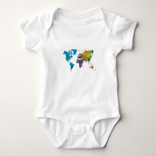 World map in watercolor baby bodysuit (Front)