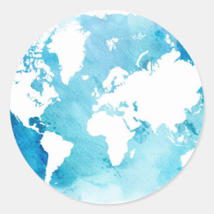 World Map In Watercolor Blues Classic Round Sticker